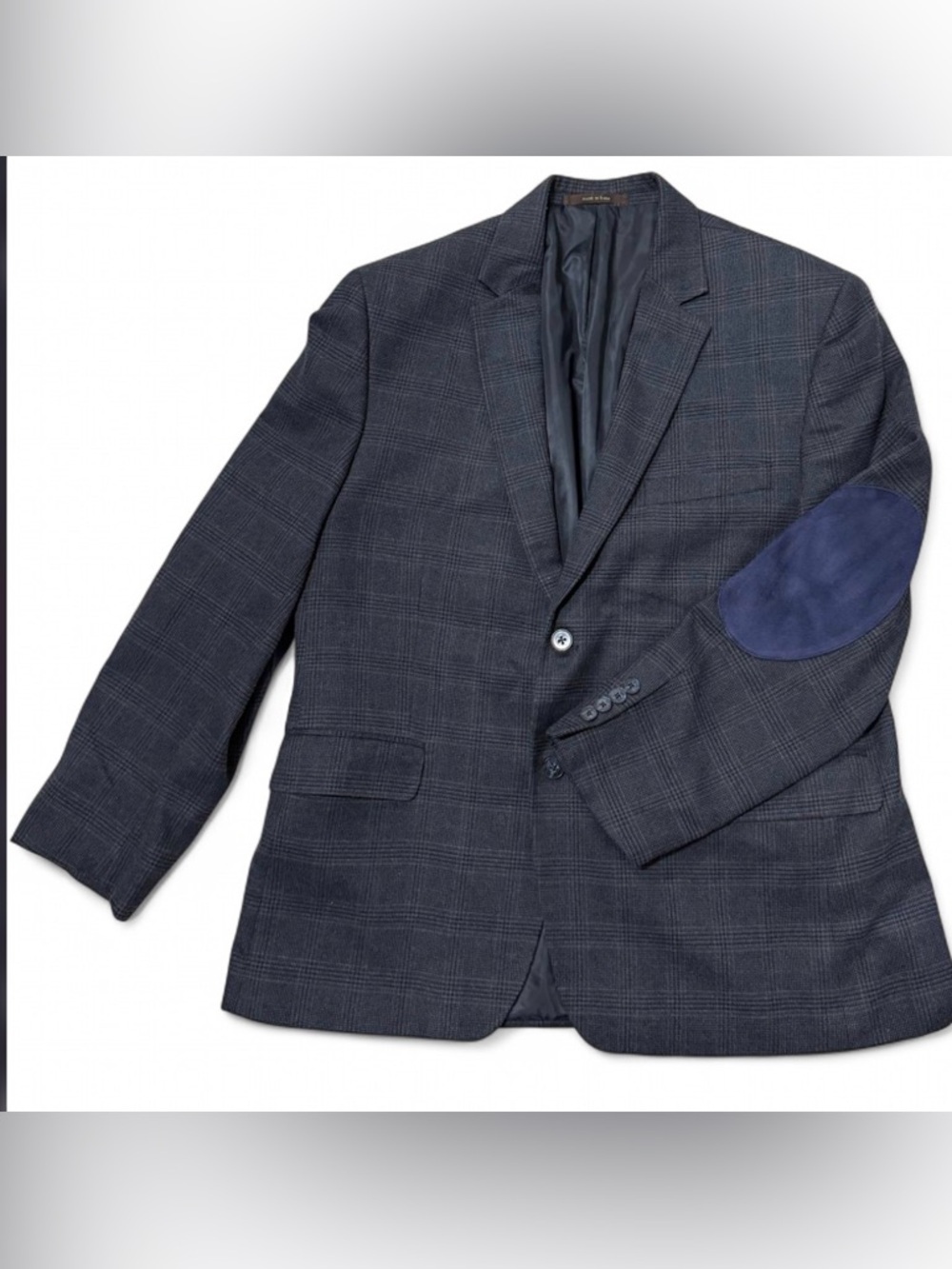 Tasso Elba Blazer Mens 44S Gray Plaid Windowpane Elbow Patch Sport Coat